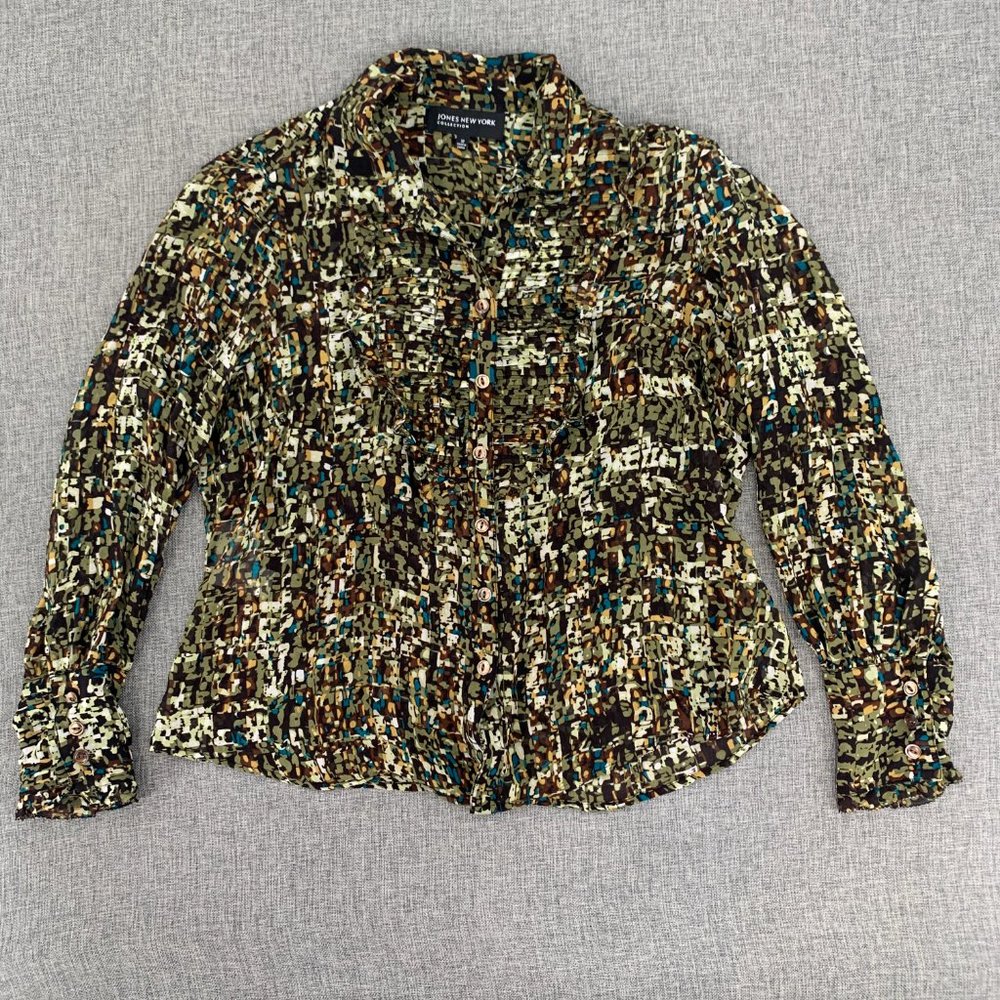 Jones New York 100% Silk Button Down Blouse long Sleeve Semi-Sheer Collared 12